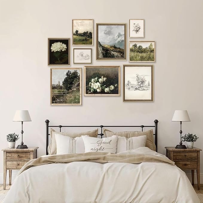 Vintage Wall Art French Country Wall Decor, Vintage Posters for Room Aesthetic Picture, Dark Green Antique European Landscape Flower Meadow Gallery Canvas Art Prints Painting for Bedroom Living Room