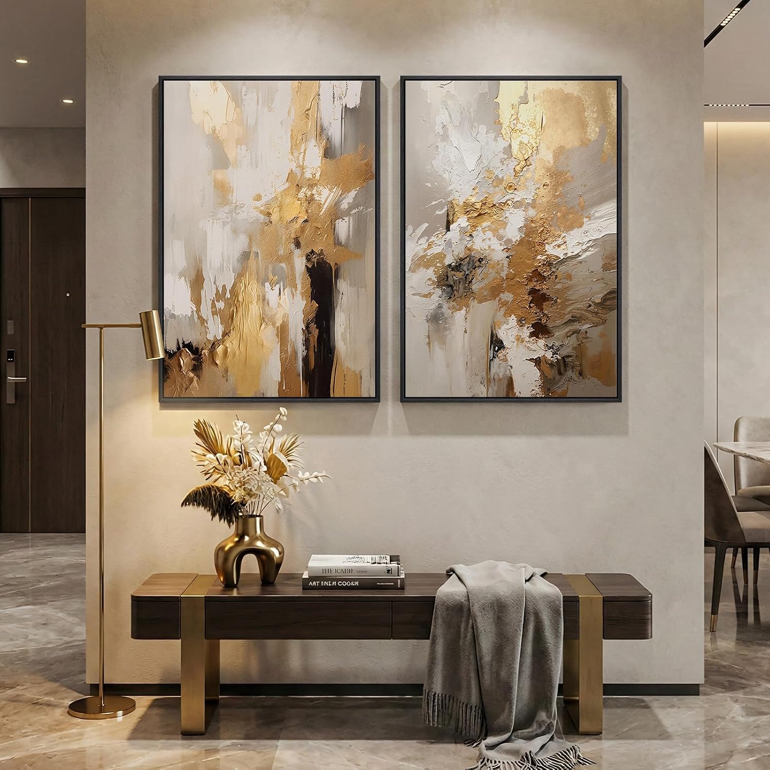 Framed Modern Luxury Brown Gold Abstract Wall Art for Living Room, 24×36 In