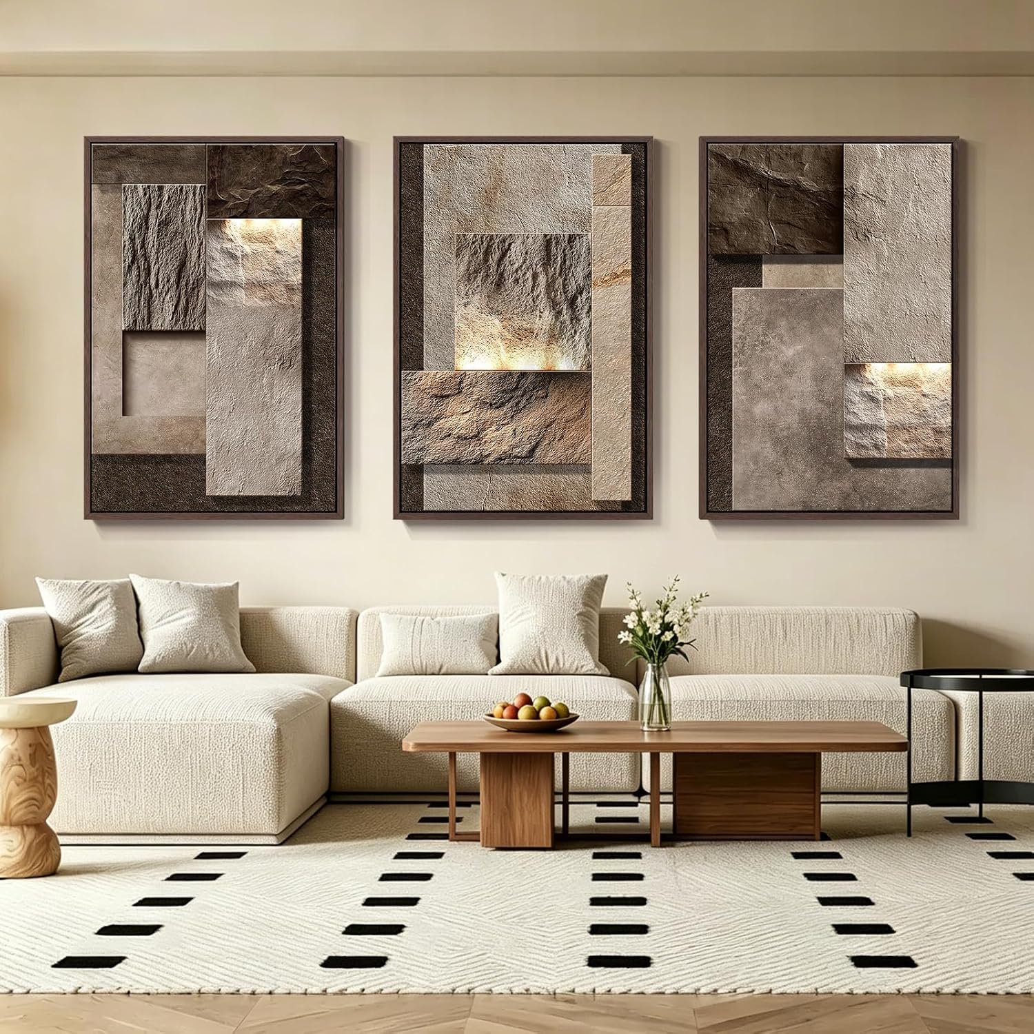 Azartslr Large 3D Abstract Solid Wood Framed Wall Art, Luxury 3 Pieces Brown Sandstone Wall Decor for Living Room