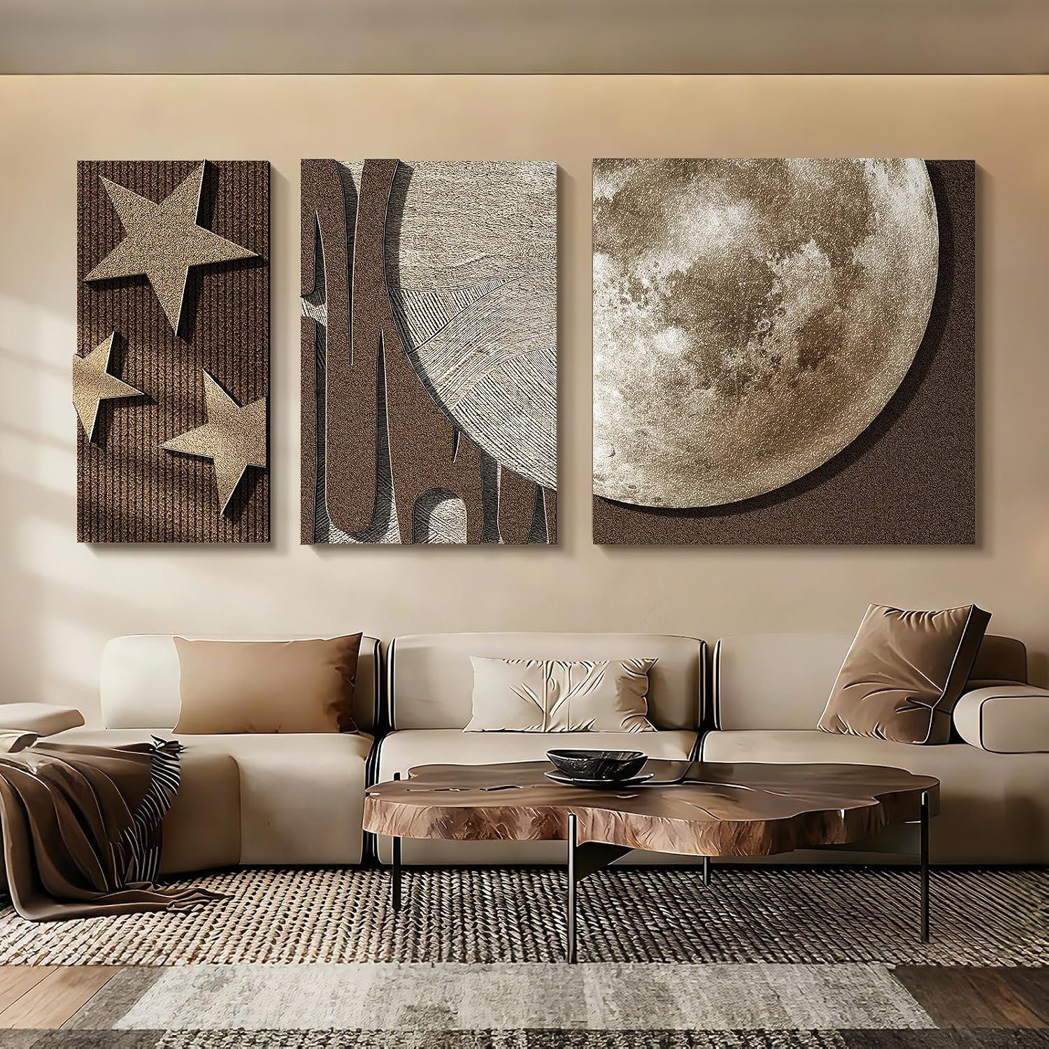 3 Piece 3D Moon Stars Wall Art Brown Sandstone Abstract Living Room Decor